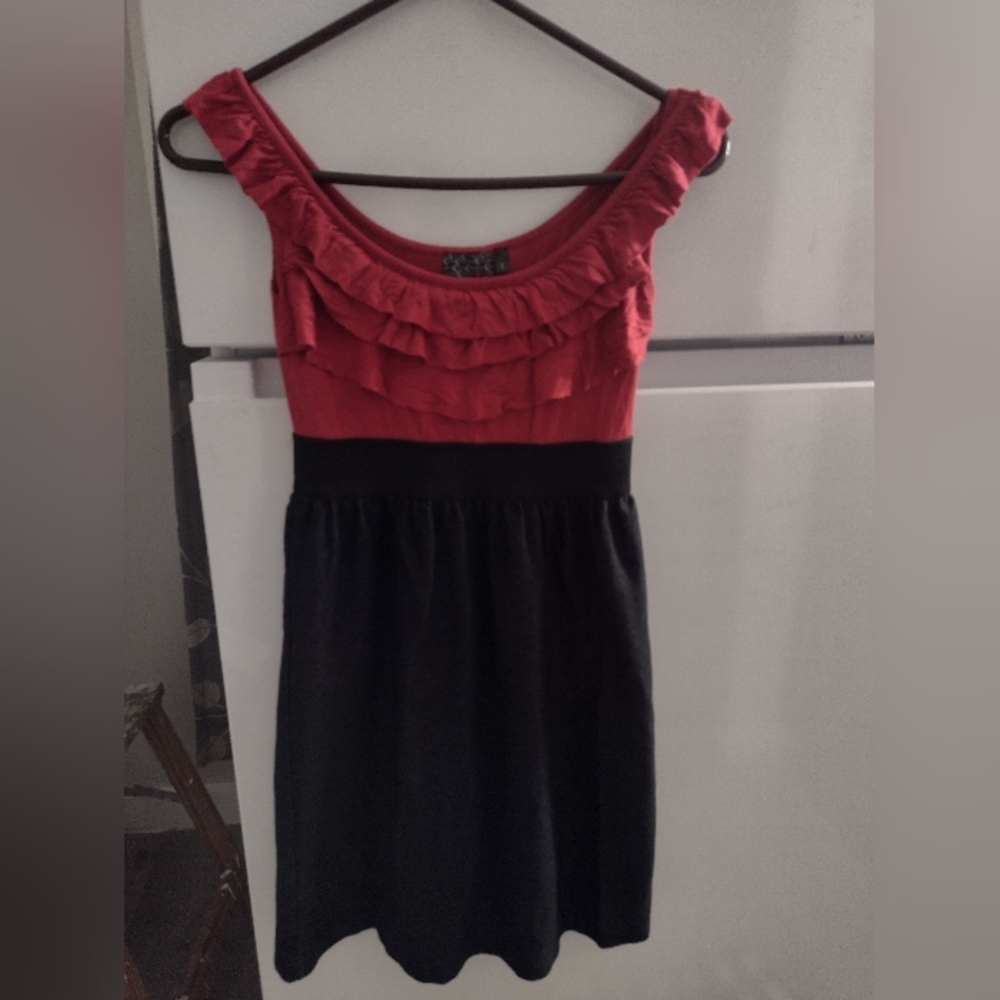 Red and Black Ruffled Fit and Flare Cocktail Dress Size S.